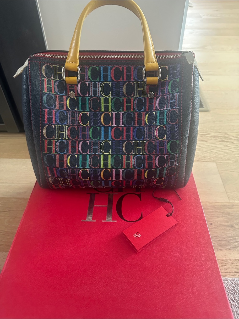 Carolina Herrera Black Satchel with Multicolor CH Logo